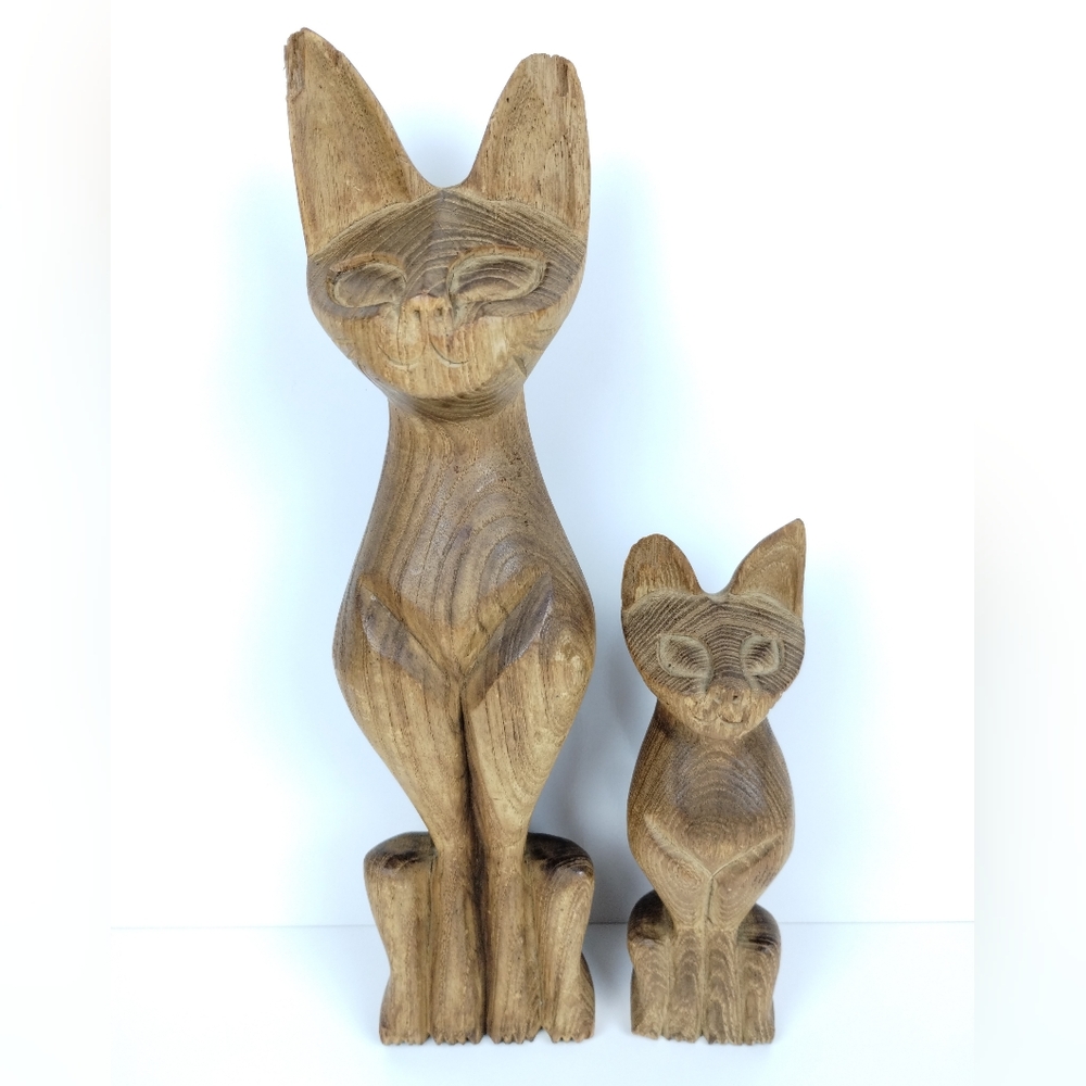 Vtg Wooden Mid Century Modern MCM Siamese Cat Art Sculpture Figurine Set Of 2